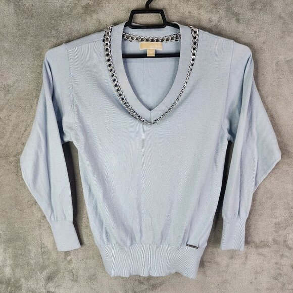 Womens Light Blue Michael Kors Sweater Chain Detail V-Neck Long Sleeve Size M - Picture 2 of 14